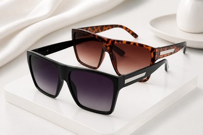 2pcs Set Oversized Flat Top Square Sunglasses Large Shield High Trend Fashion 