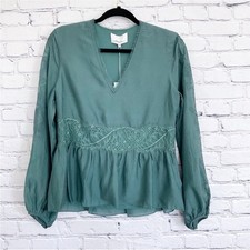 New 3.1 Phillip Lim Silk V Neck Blouse Blouson Sleeve Lace Green Fern Size 2