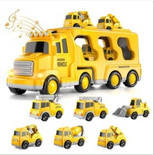 7 in 1 Construction Transporter Lorry Toy, Friction Trucks with Lights & Sound 
