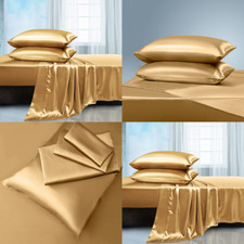 4 PC Silky Satin Fabric Flat Fitted Sheets Smooth Pillowcase KING Bedding Set