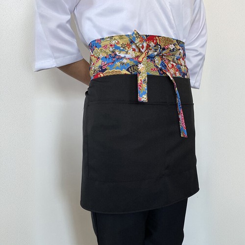 Medio delantal de cocina japonesa de 1 pieza bolsillos dobles con cintura colorida de retazos - Imagen 9 de 30