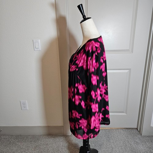 NWT Calvin Klein Top Women 3X Blur Floral Print Preppy Neck Black Pink Stretch - Picture 6 of 15