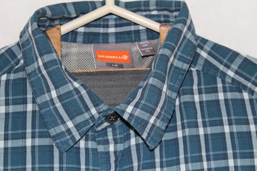 Merrell Mens Large Blue Pearl Snap Plaid Short Sleeve Casual Hiking Camp Shirt - Picture 3 of 8