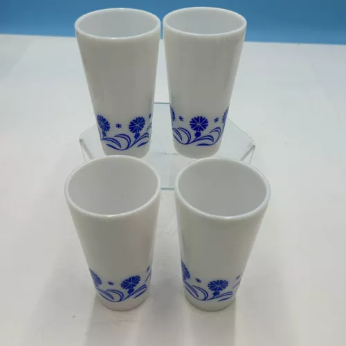 4 Vintage Hazel Atlas Milk Glass White Blue Cornflower 8 Oz Drinking Tumblers