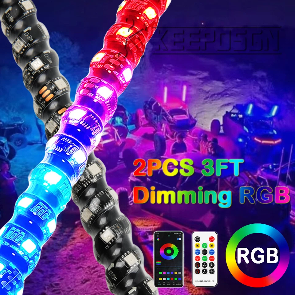 Luces de látigo iluminadas en espiral 2 piezas RGB 3 FT + banderas para John Deere Gator XUV 825i 855 Foto 3 de 4