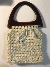 Vintage Macrame Style Handbag Beige White Ivory Purse Plastic Handles 1970's