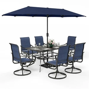 8 PCS Outdoor Dining Set Patio Furniture Metal Table and Chairs Set W/ Umbrella