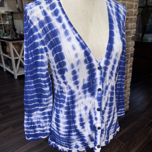 CHICO's Cardigan Blue Tie Dye Size 0 3/4 Sleeves Sweater Cotton Button Up - Picture 2 of 11