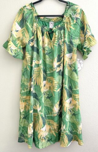 Naïf Boho Woven Peasant Mini Dress Floral Off Shoulder Green Yellow Size XL NEW