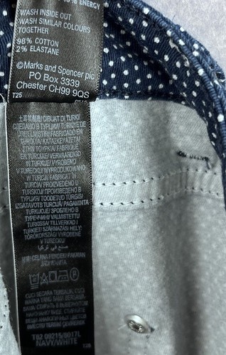 Per Una 3/4 Pants Cropped Polka Dot Trousers Blue Size UK 14 AU 12 Gold Accents - Picture 10 of 10