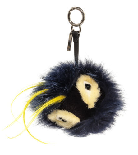 FENDI Pom Pom Bag Charm Blue Fox Fur Gold Finish FF Logo Key