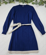 VTG 60's-70's Blue Wool Mini Dress Long Sleeves Belted Size S/M
