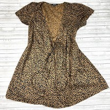 Madewell Flutter Sleeve Wrap Mini Dress S Tan Leopard 100% Cotton V Neck Boho