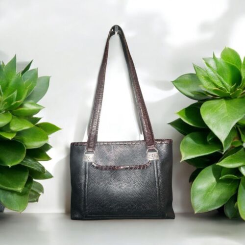 Brighton Purse Black Pebbled Leather Brown Croc-embossed Shoulder Bag D205155