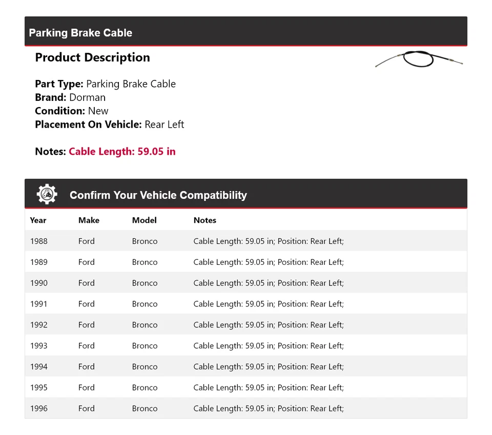 Cable de freno de estacionamiento trasero izquierdo para Ford Bronco Dorman 1988-1996 1989 1990 1991 Foto 2 de 3