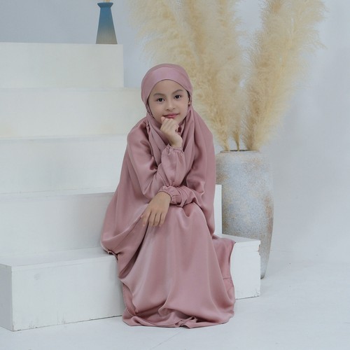 Satin Khimar 2 Pieces Set Kids Girls Muslim Hijab Dress Dress Abaya Kaftan Robe - Picture 16 of 40