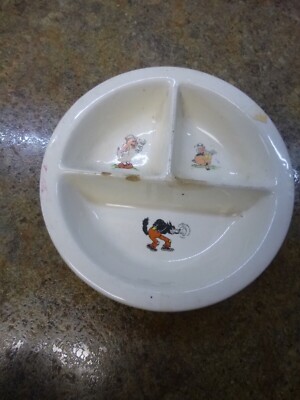Antique ceramic divided baby dish, Big Bad Wolf and Pigs
