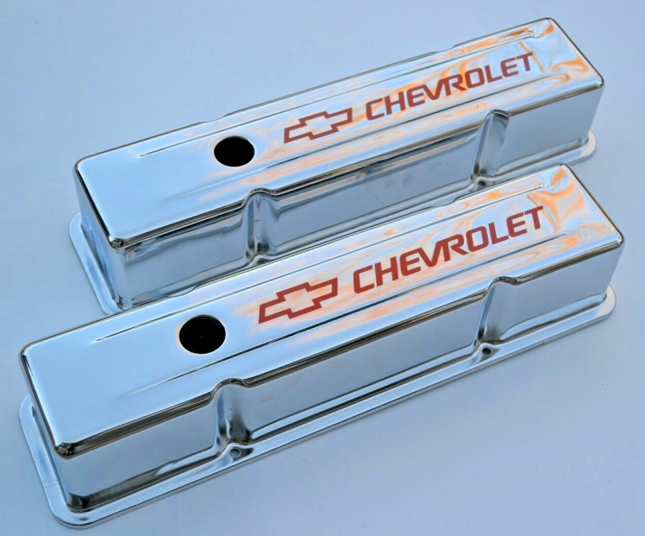 SBC Chrome TALL Steel VALVE COVERS w/ ACCESSORY HOLES Chevrolet Logo
