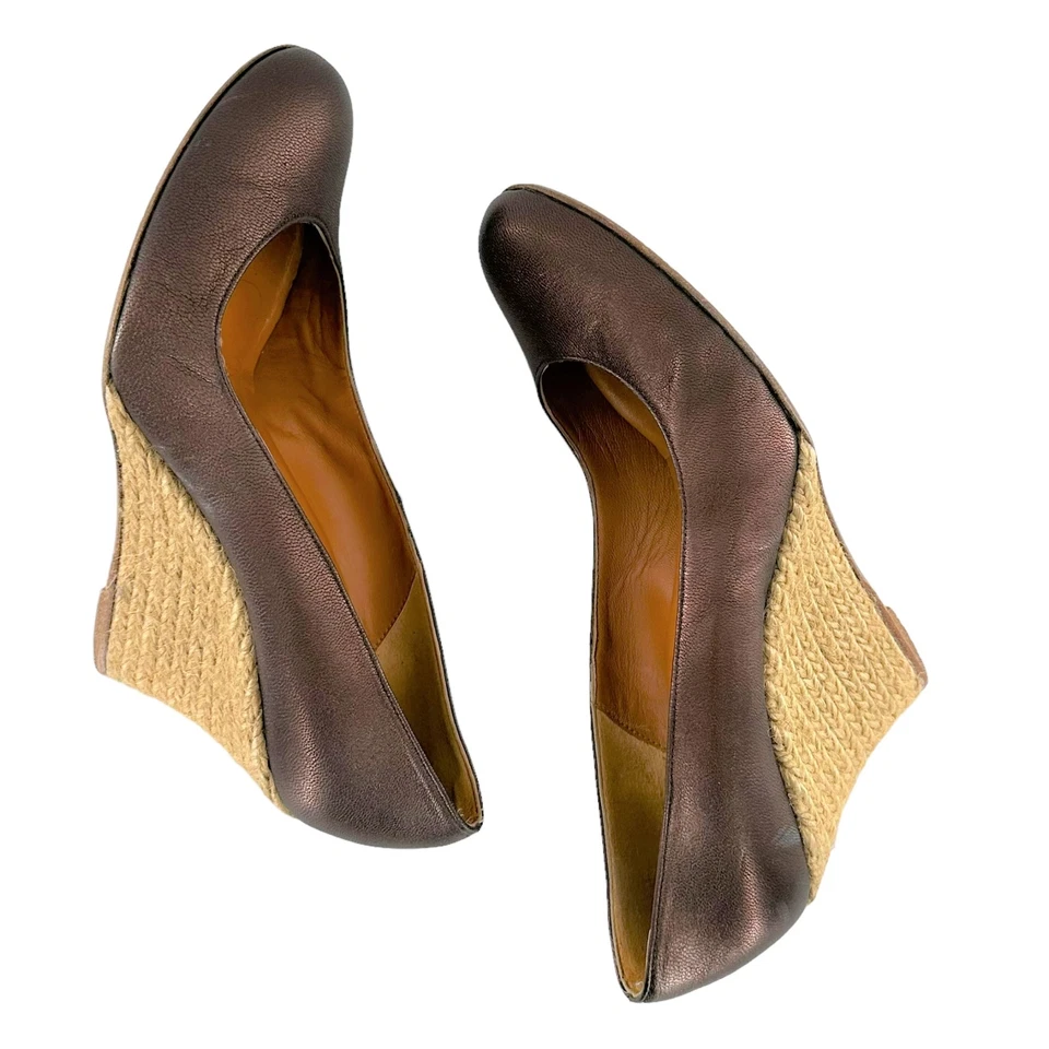 LANVIN Bronze Metallic Brown Leather Espadrille Wedge Heels Size 39 - Image 4 of 4