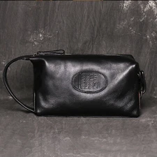 Mens Leather Toiletry Bag Travel Dopp Kit Organizer with Wrist Strap Compact