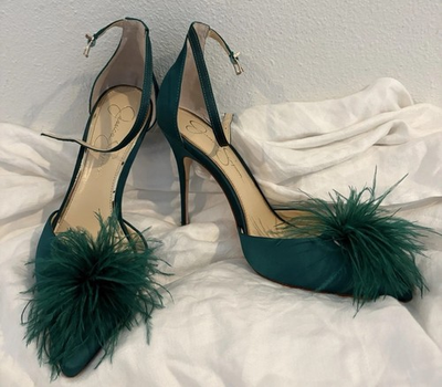 #ad Jessica Simpson Stiletto Heels Size 9.5 Green with Feathers Glam Holiday Sexy $32.00