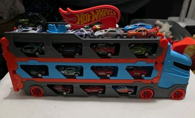 #ad #ad Hot Wheels City Speedway Hauler Transforms Into 6#x27; 2 Car Racetrack W 30 Cars $21.45