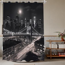 Black and White Mens Shower Curtain for 3D Designer New York City Night Scene...