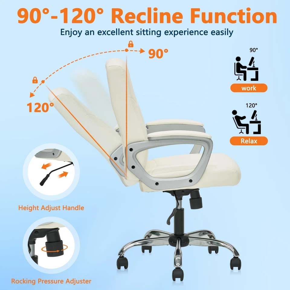 Mid Back Leather Office Executive Chair Lumbar Support Padded Black White Swivel - Image 4 of 4