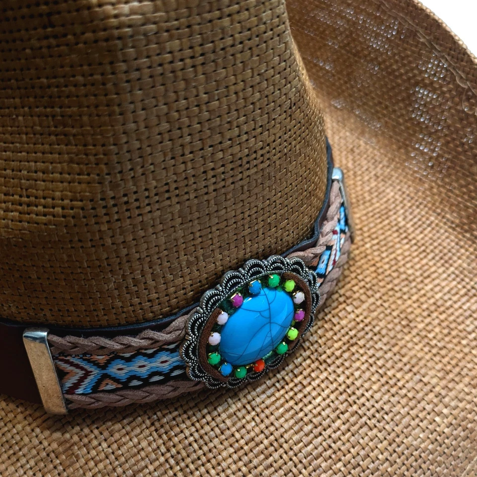 CHAPÉU DE COWBOY PALHA marrom claro com destaque turquesa (tamanho adulto) enviado em uma caixa - Imagem 3 de 4