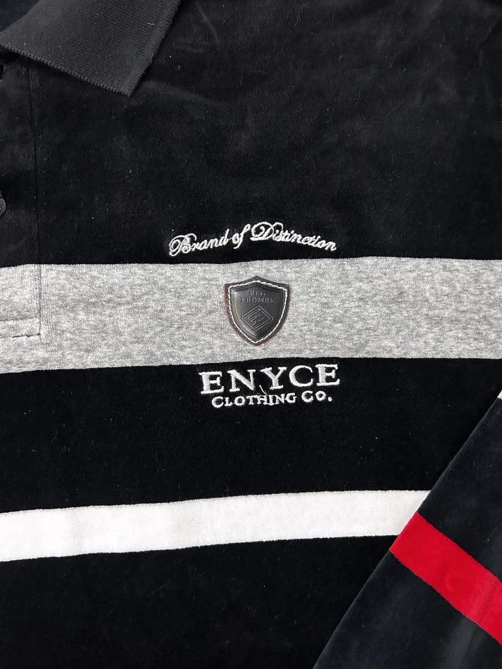 Enyce Velour Polo Shirt 90s Long Sleeve Striped Black Red Gray XL - Image 3 of 4