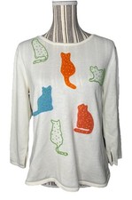 Vintage Susan Bristol Hand Embroidered Cat Knit Pullover Crewneck Sweater LARGE