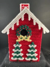 Christmas Tree Birdhouse Tissue Box Cover Hand Crafted Plastic Canvas
