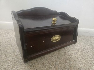 VTG 60s MCM Goodwood Dark Wood Flip Top Brass Southwest Aztec Sun Bread Box Rare