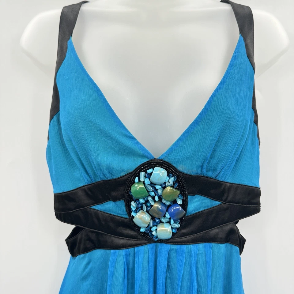 Bebe винтажный Y2K 100% шелк шифона бисером платье Sz S синий вырезы богини богемное HOCO - Изображение 3 из 4