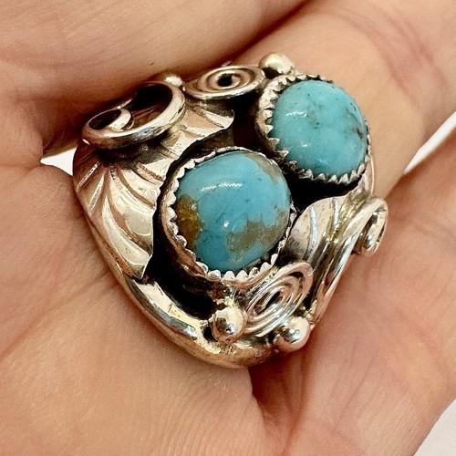 Anillo Navajo Para Hombre Pepita Turquesa Talla 9 Esterlina por Betty Begay 9.1g Hojas - Imagen 3 de 6