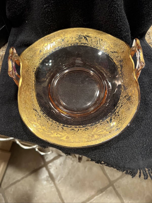 Antique Pink Depression Glass Bowl ,w/gold Trim Embossed, W/ Handles Both Sides