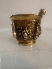 Vintage Solid Brass Mortar & Pestle Lion Head Figurine Kitchen Decor Collectible