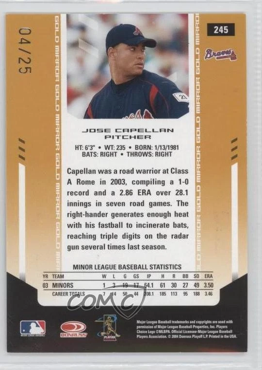 2004 Leaf Certified Materials Gold Mirror /25 Jose Capellan #245 Rookie Auto RC - Image 2 of 2