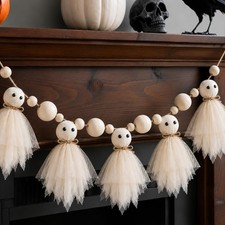 6.5Ft Halloween Ghost Garland with Wooden Beads, Handmade Cute Ghost Decor