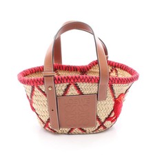 LOEWE Small Basket Bag Handbag Raffia Leather Fabric Beige Brown Red #RC3820