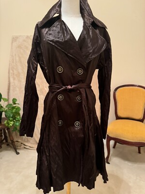 Joseph Ribkoff TrenchWomen Dark Brown Metallic Ruffle Pleats Notch Collar Sz 10