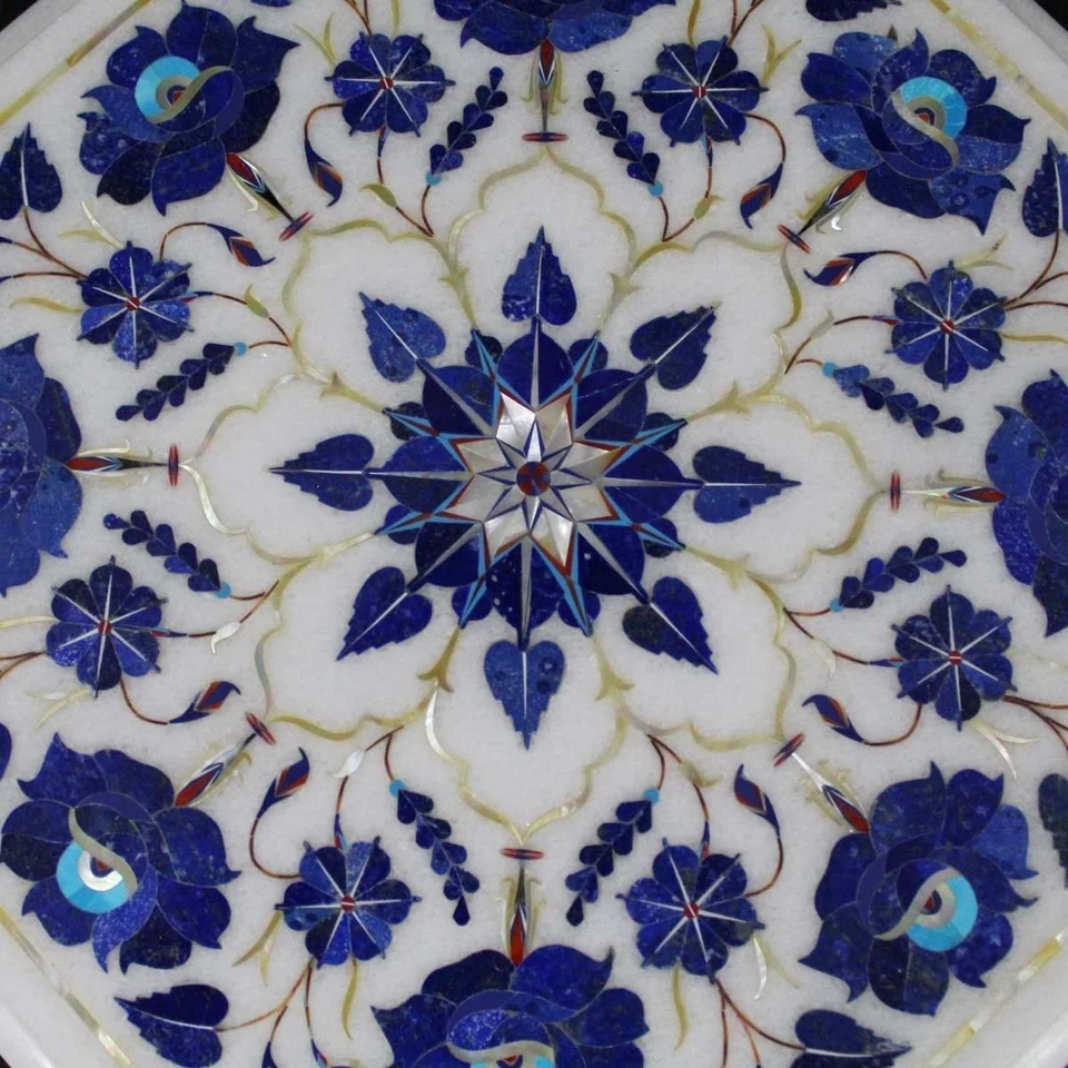 12" Marble Table Top floral lapis lazuli Inlay Handmade Work Home Decor - Image 2 of 4
