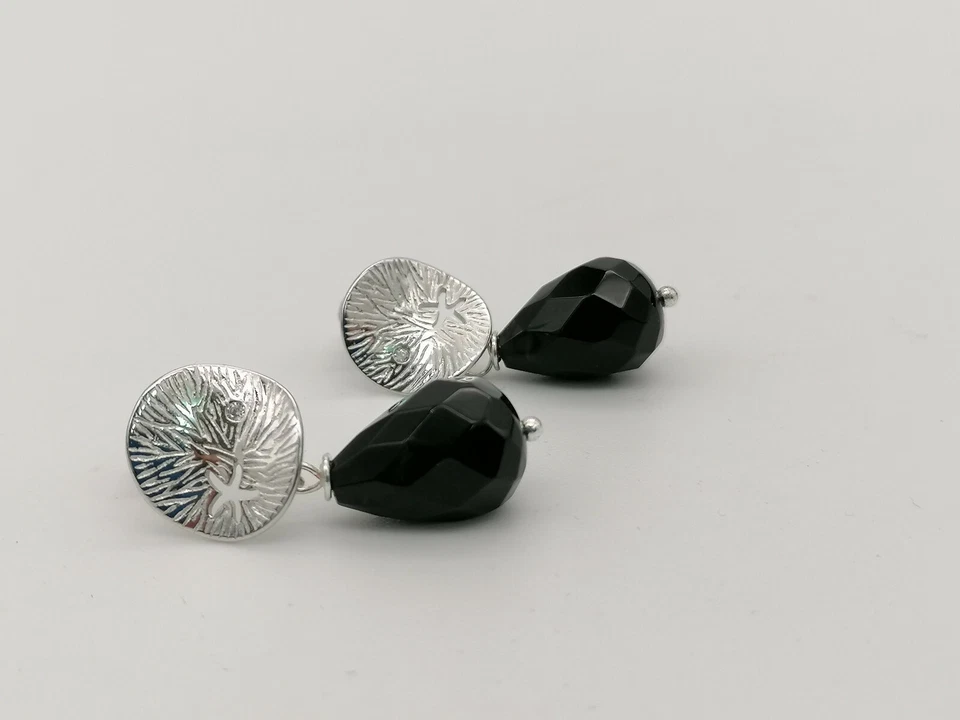 orecchini donna pendenti goccia onice nero argento bianco 925 eleganti - Immagine 3 di 4