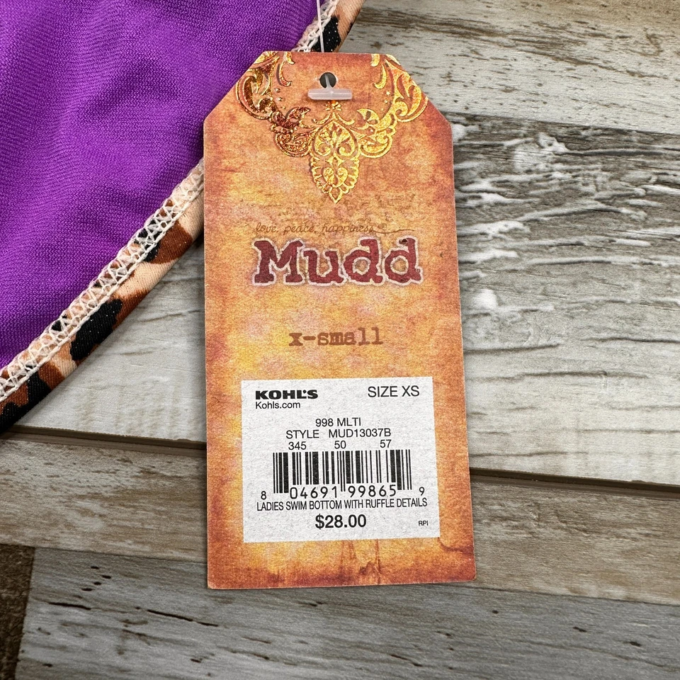 Mujer Nuevo con Etiquetas XS Mudd Bikini Parte Inferior Traje de Baño Leopardo Púrpura Volantes Foto 3 de 4