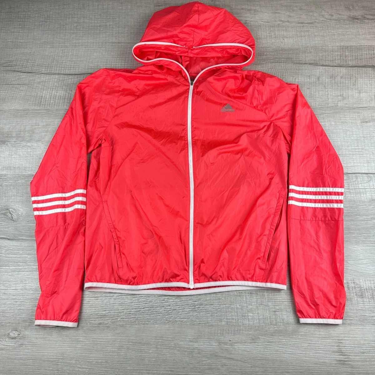Adidas Windbreaker Jacket Womens Medium Coral Pink Long Sleeve Hood Track Run