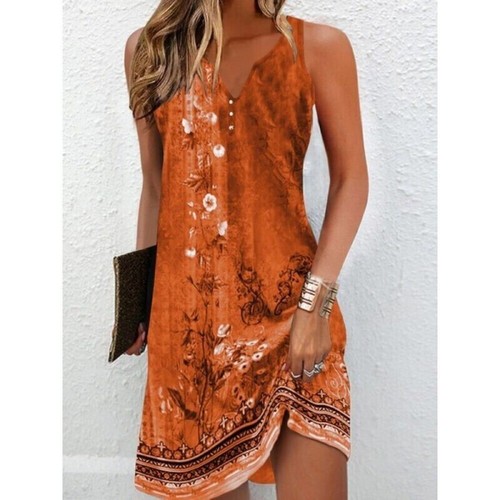 Women Summer Holiday Dress Ladies Boho Beach Button Floral Sun Dresses Size 6-16 - Picture 5 of 13
