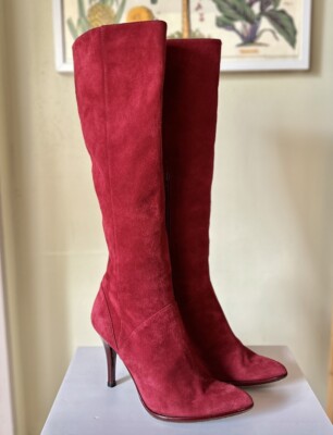 Stuart Weitzman Red Suede Knee High Boots Size 7.5 Pointed Toe With Zipper VGC