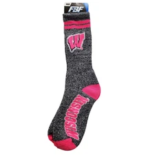 Wisconsin Badgers Gray Marbled Pink Stripe Crew Socks Pink Logo and Heel Toe