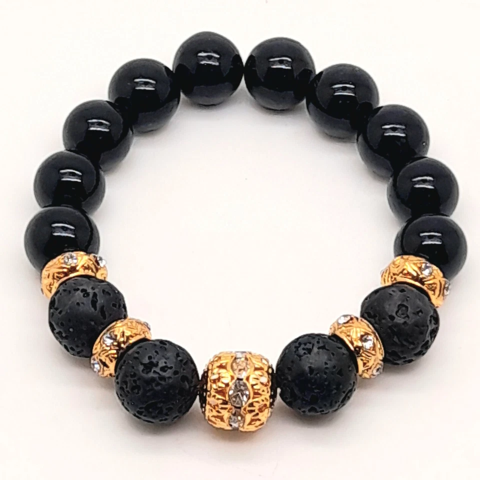 Pulsera elástica unisex hecha a mano con cuentas negras redondas naturales joyas - 12 mm Foto 2 de 3