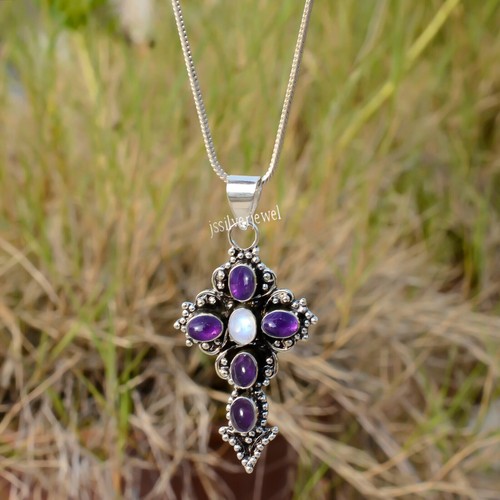 Pendentif Croix Antique En Argent 800 - Avec Améthyste Et Perles En Forme De Graines - Vintage